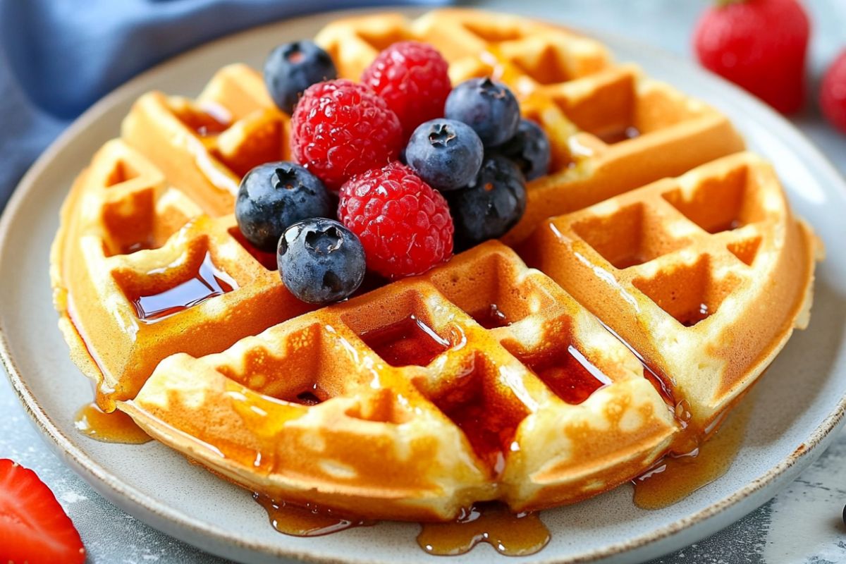 A close-up of a golden, crispy waffle with soft inside, served with fresh berries and syrup.