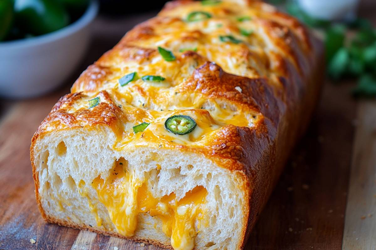 Jalapeno cheddar sourdough loaf with crispy crust and melted cheese inside