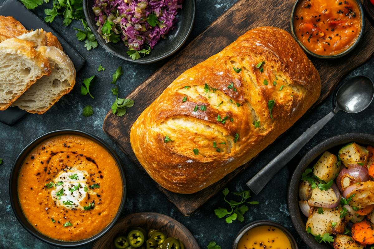 A sliced loaf of jalapeño cheddar bread paired with soups and appetizers.