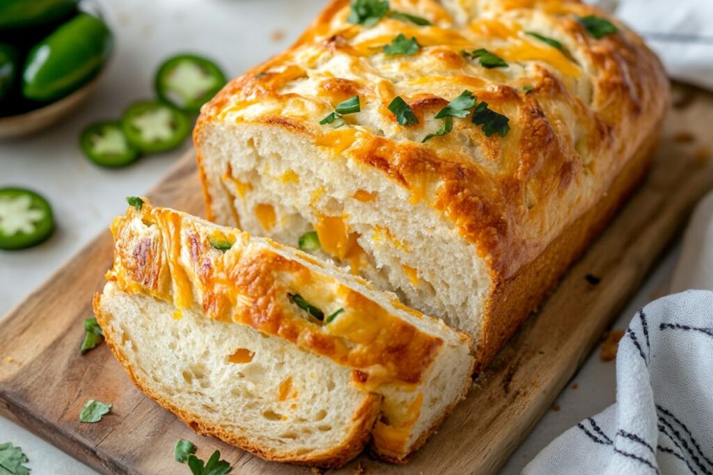 Freshly baked jalapeno cheddar bread with melted cheddar and diced jalapenos on a rustic cutting board.