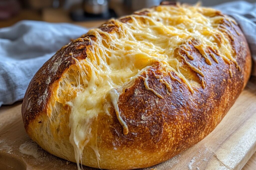 Golden-brown sourdough loaf with melted shredded cheese