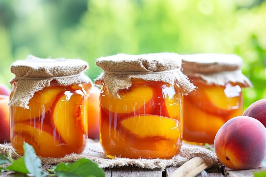 Jars of freshly canned peaches with light syrup on a kitchen counter.