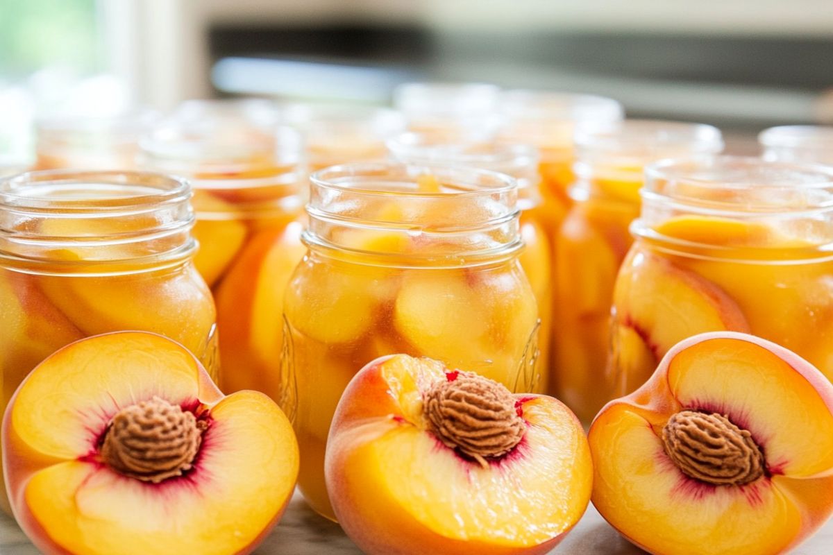 Canning fresh peaches in mason jars using the water bath method.