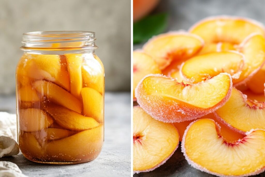 A jar of canned peaches next to a bowl of frozen peach slices.