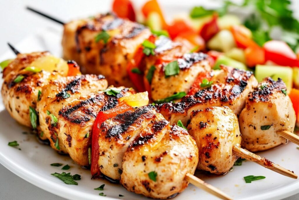 Two grilled chicken skewers with vegetables on a plate, showing a healthy and nutritious meal option.