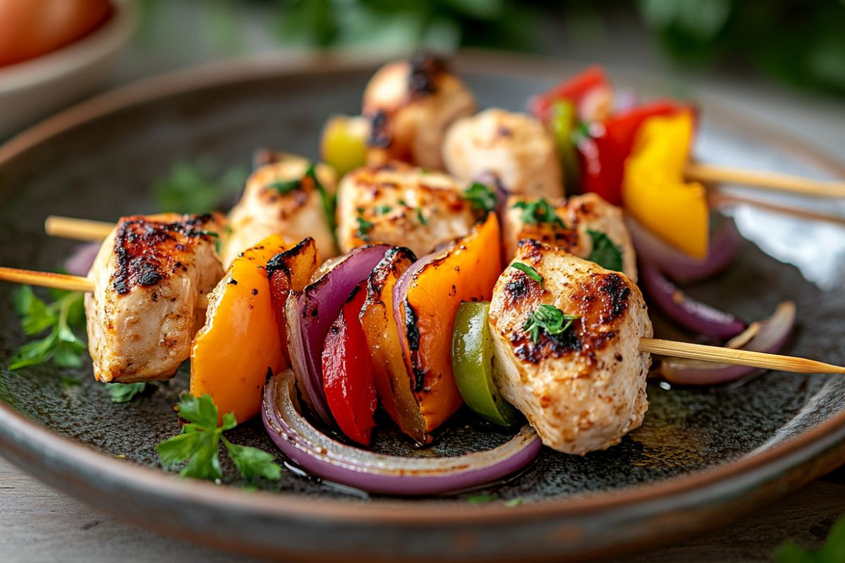 Grilled chicken skewers with vegetables on a plate