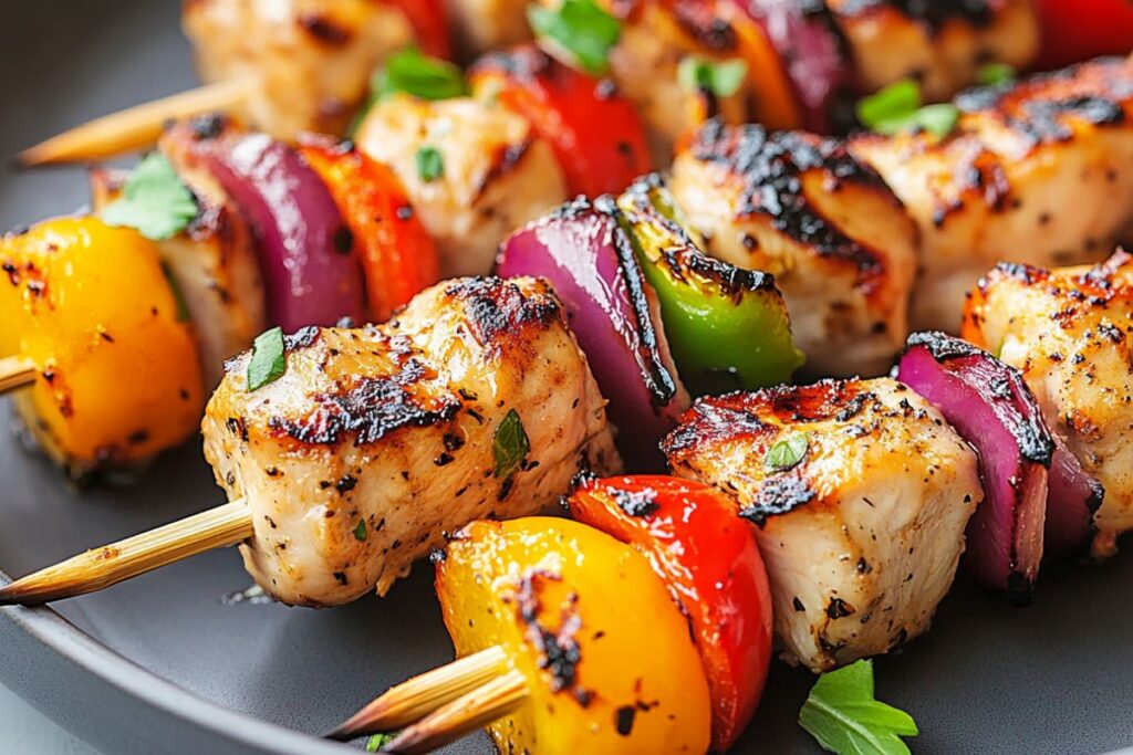 Grilled chicken skewers with vegetables on a plate