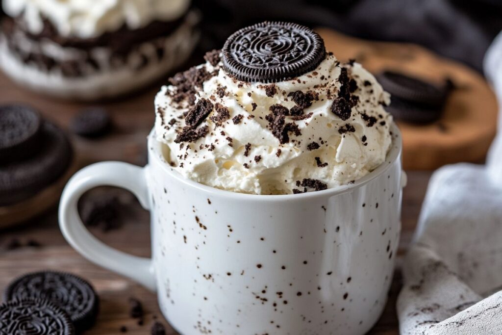 Quick and easy Oreo mug cake served in a white mug with a spoon on the side.