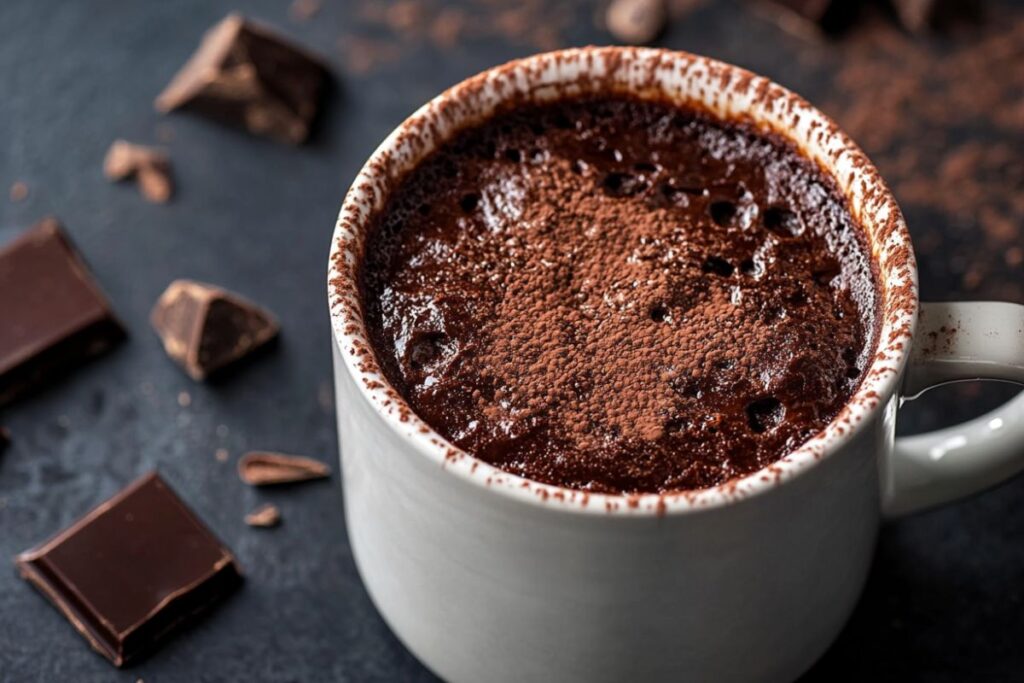 A freshly baked mug cake in a ceramic mug, topped with chocolate chips and a spoon, indicating a quick, easy, and convenient dessert.