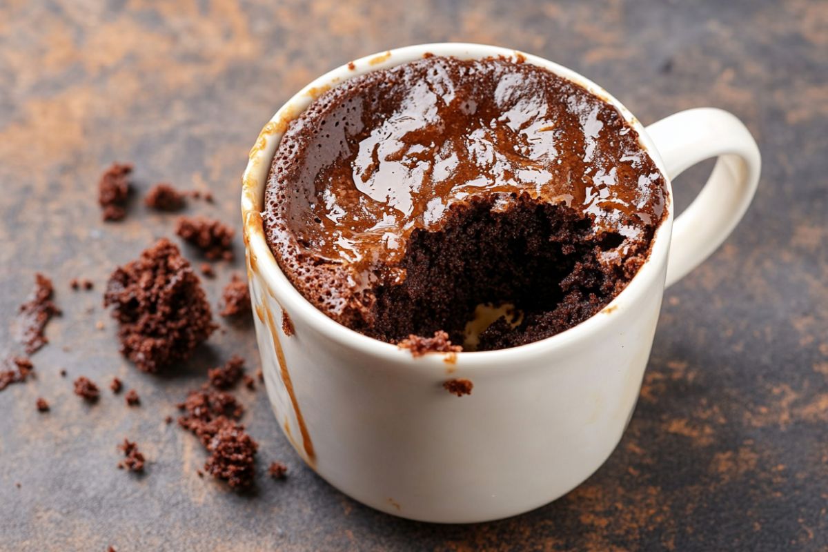 A dry and overcooked mug cake in a ceramic cup on a kitchen counter.