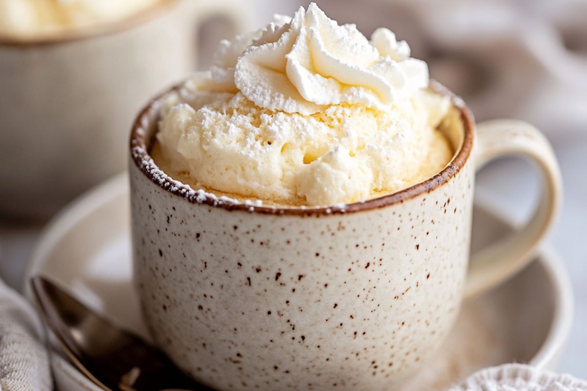 A freshly made mug cake in a mug, showing light and fluffy texture, with a spoon ready to take a bite.