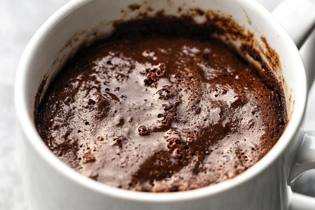 A delicious chocolate mug cake made without eggs, cooked in a microwave.