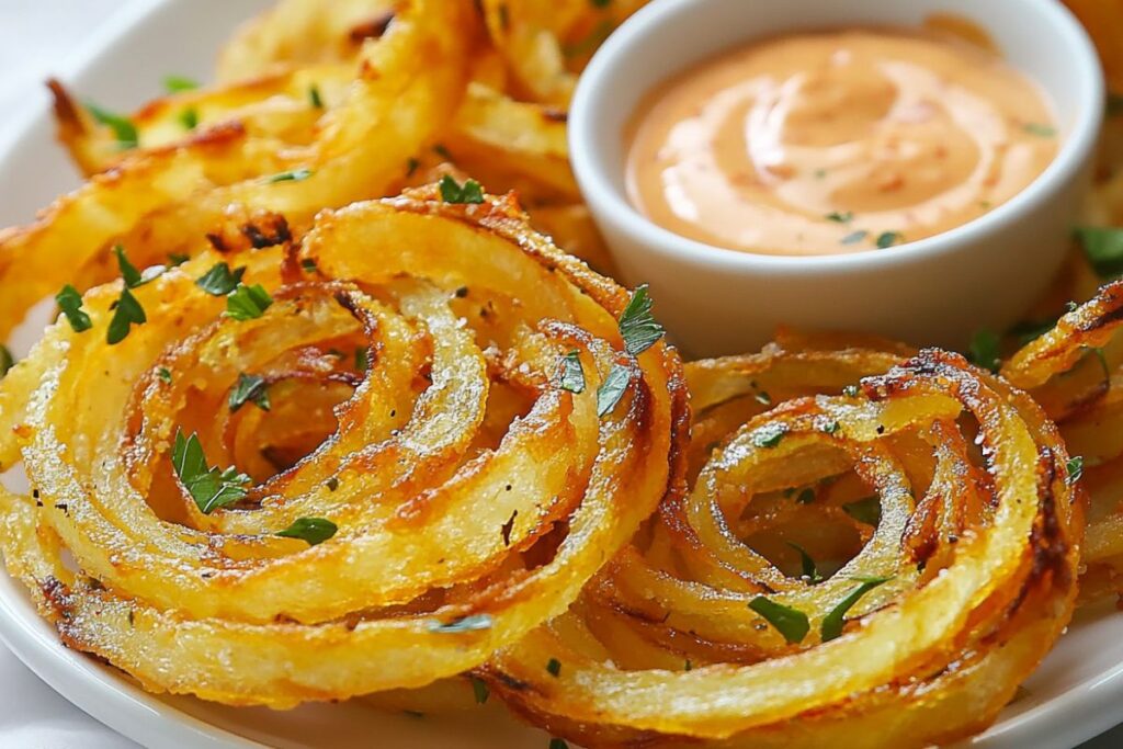 Thinly sliced crispy ribbon fries served on a plate with dipping sauce.