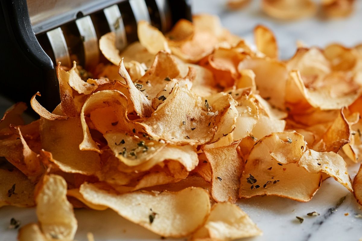 Butterfly chips being cut using a spiralizer for perfect crispy texture