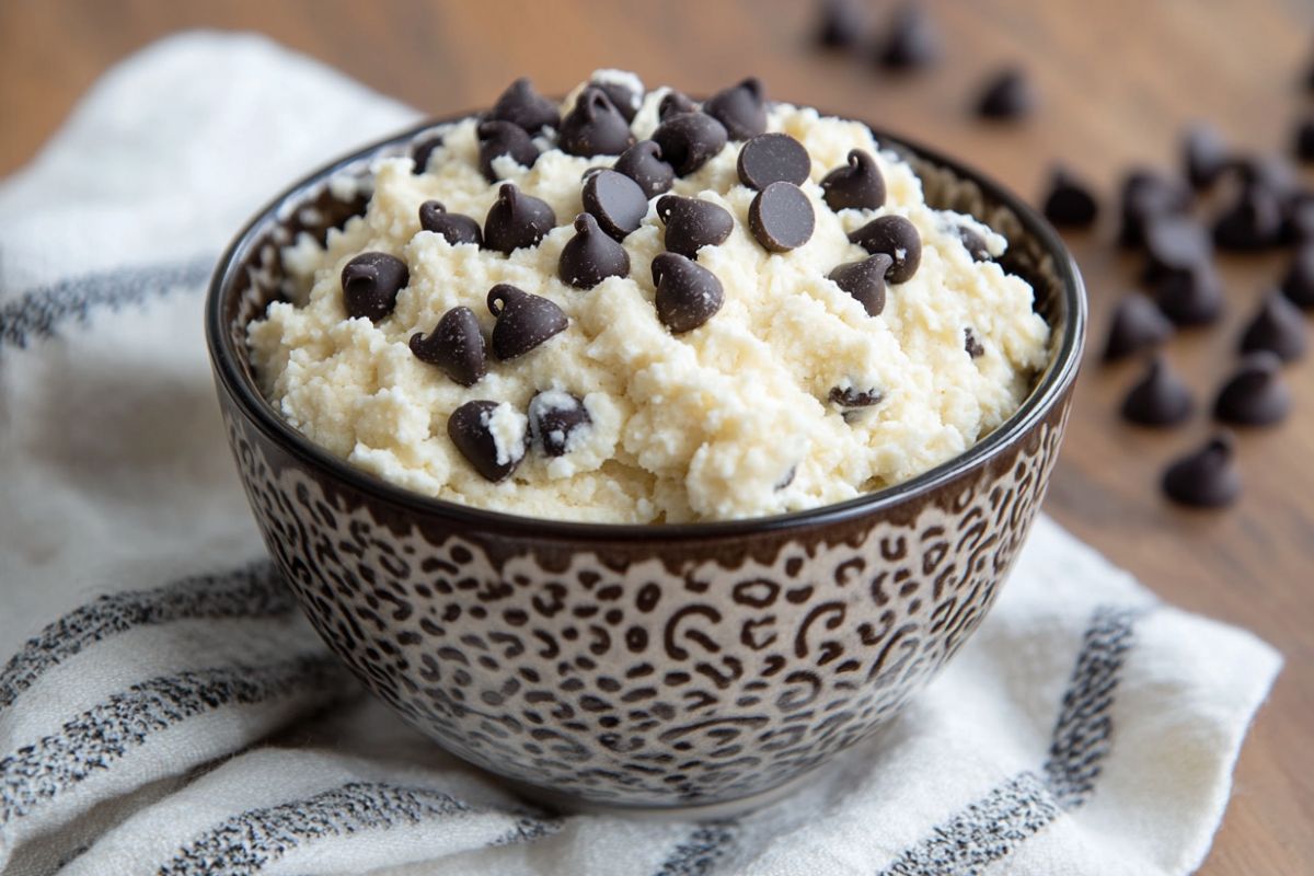 Bowl of high-protein cottage cheese cookie dough with chocolate chips