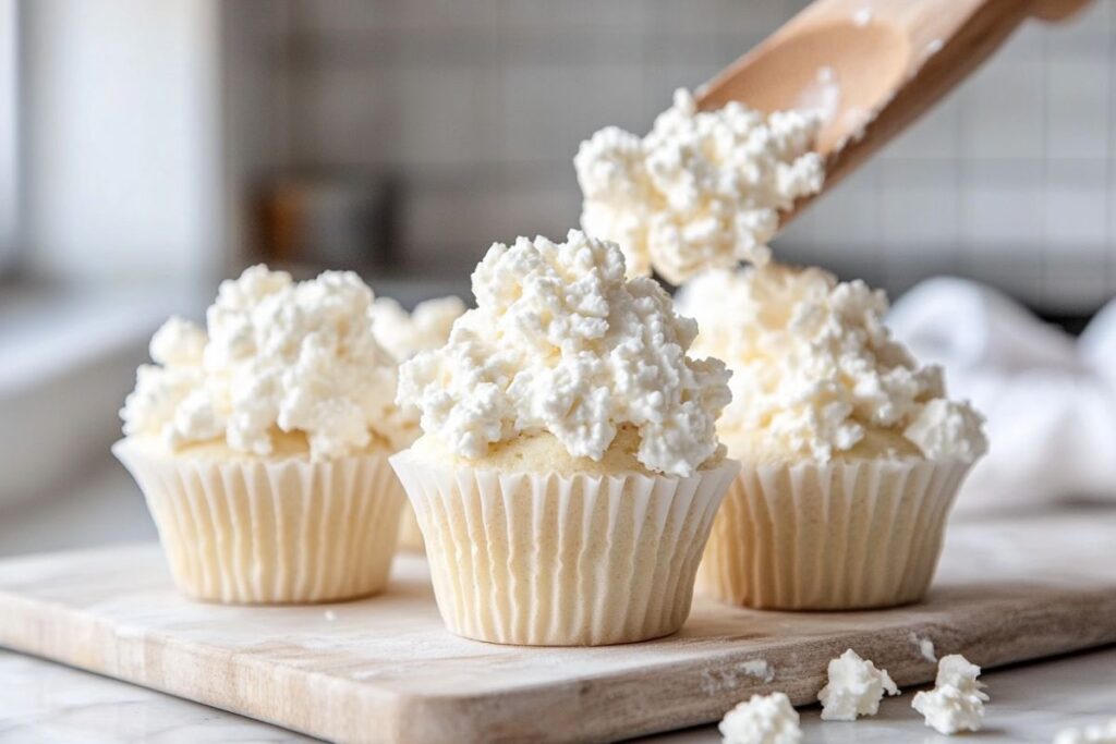 Cottage cheese being mixed into a muffin batter