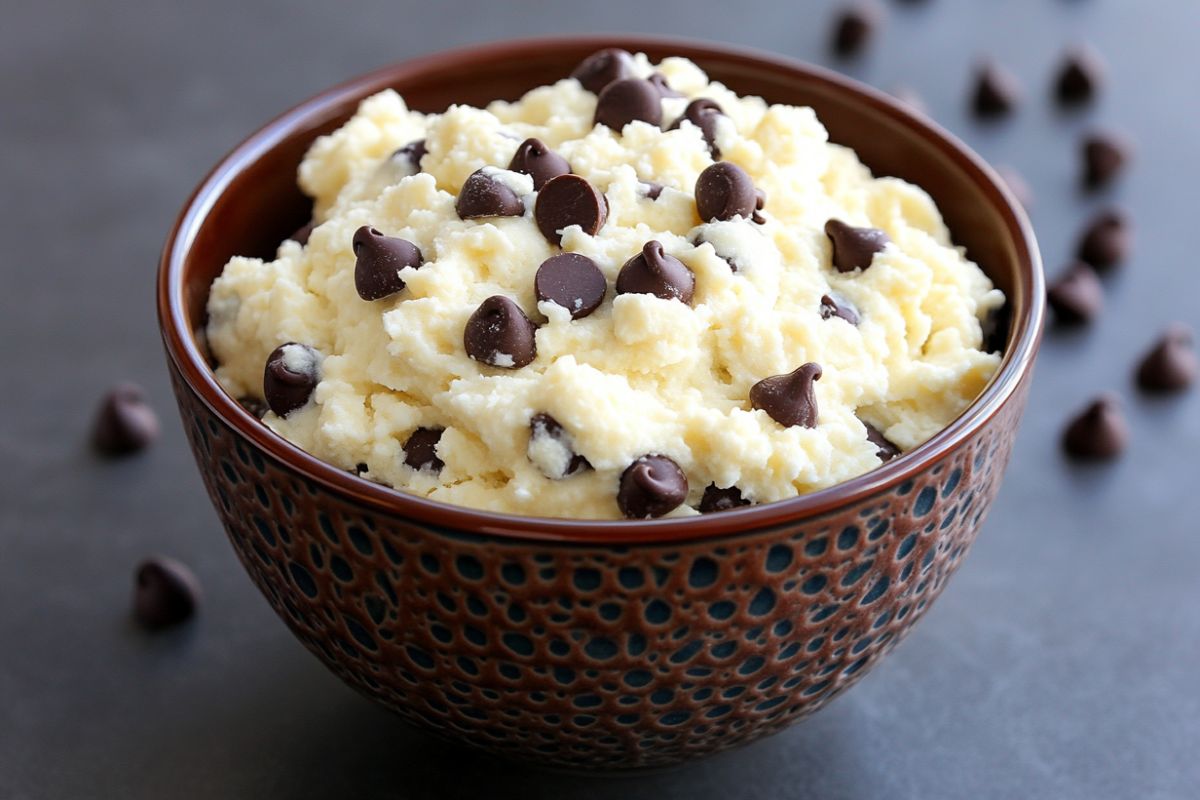 Bowl of cottage cheese cookie dough with chocolate chips