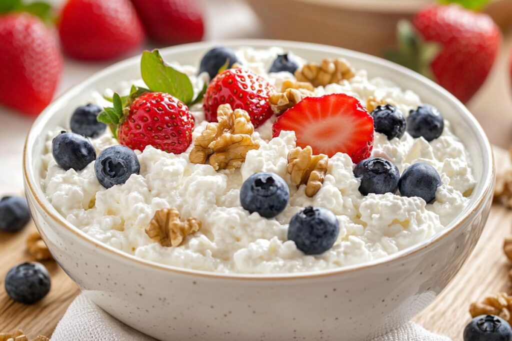 A bowl of cottage cheese topped with fresh fruit and nuts for a healthy meal.