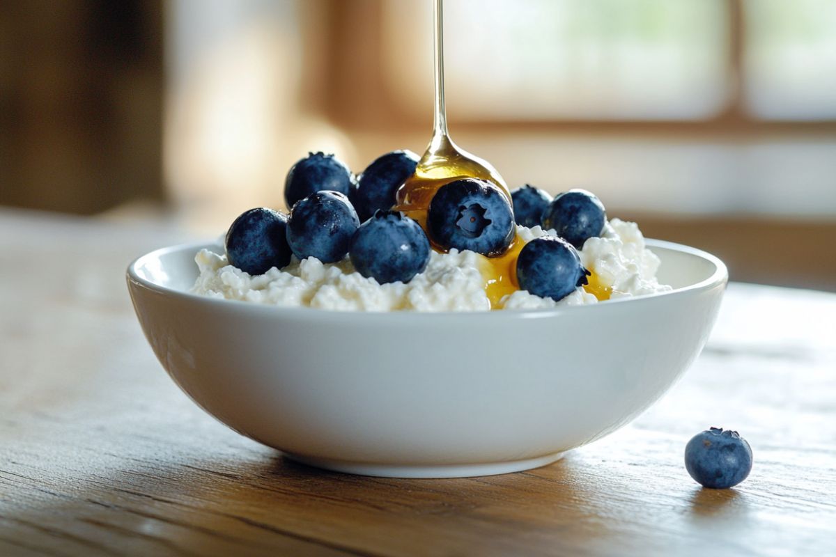 A bowl of cottage cheese topped with fresh fruits and honey.