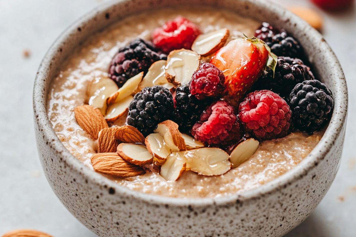 A bowl of creamy blended overnight oats topped with fresh berries, almonds, and honey.