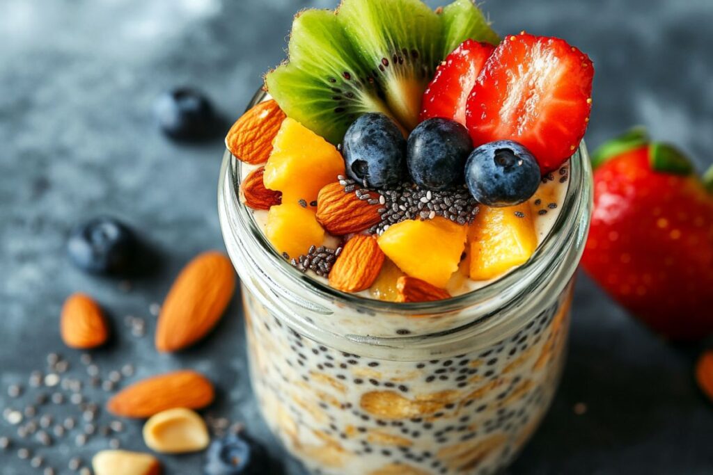 Smooth blended overnight oats in a jar topped with fruits and nuts