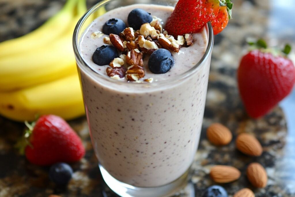 Blended oats in a smoothie with fruits and nuts.