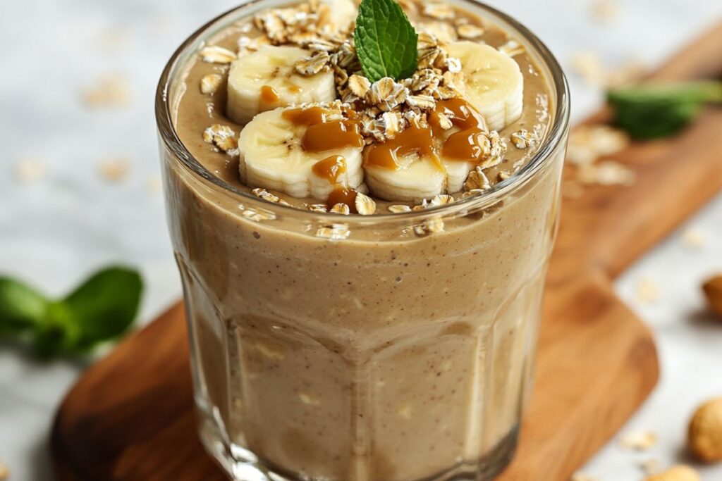 Glass of blended oats smoothie with banana and peanut butter.