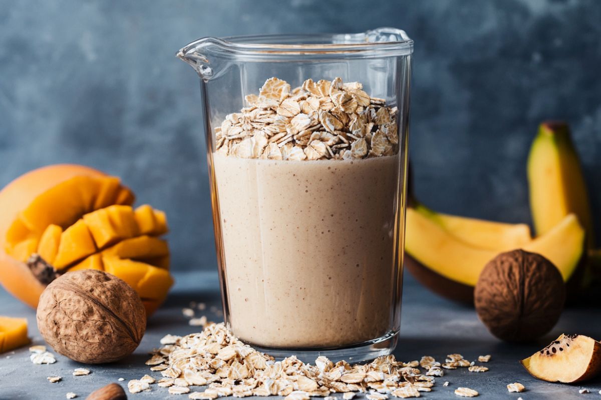 Blended oats in a blender with smoothie ingredients