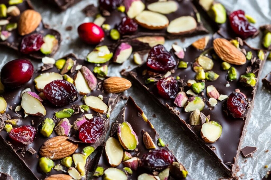 Dark chocolate bark with nuts and dried cranberries spread on parchment paper.