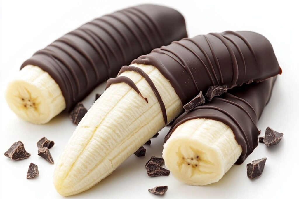 Frozen chocolate-covered banana halves with nuts and coconut toppings.