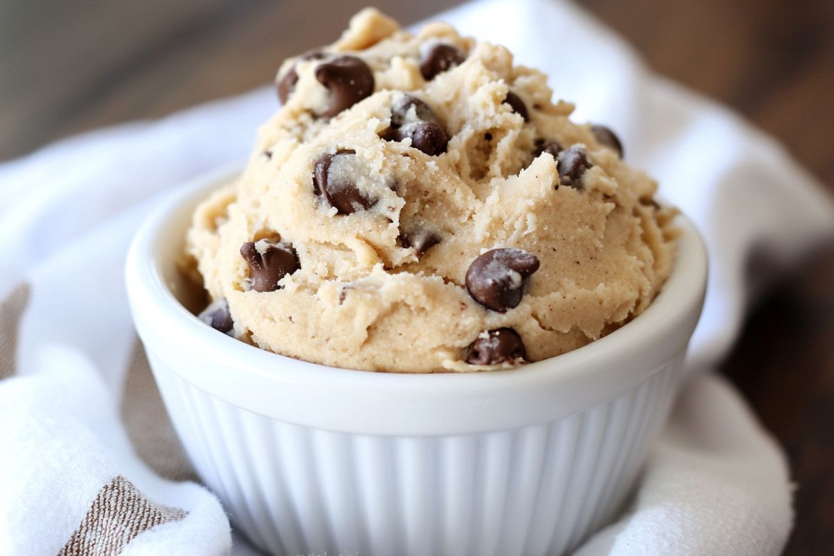 A bowl of cottage cheese cookie dough with chocolate chips