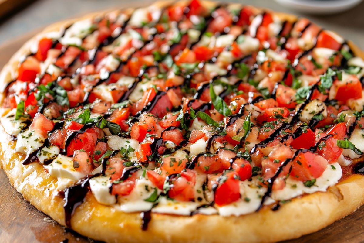 Freshly baked bruschetta pizza with tomatoes, basil, mozzarella, and balsamic glaze on a crispy pizza crust