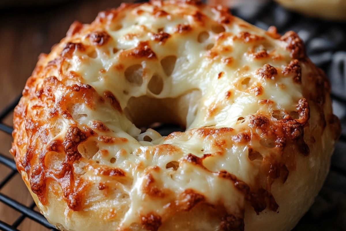 Golden homemade Asiago bagel with melted cheese on top