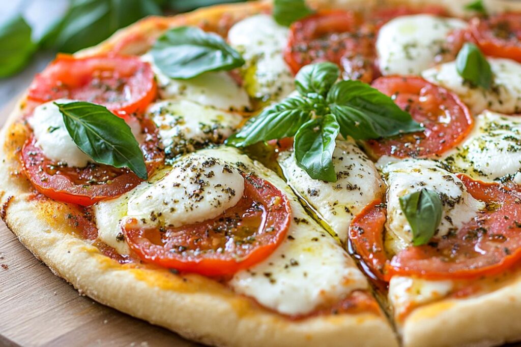 Freshly baked bruschetta pizza with tomatoes, mozzarella, and basil