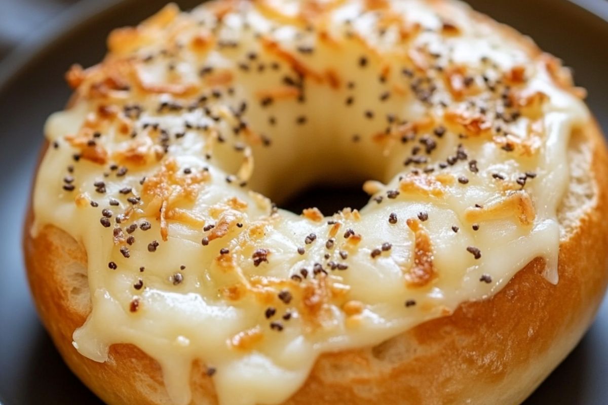 Freshly baked Asiago bagel topped with melted cheese on a wooden board