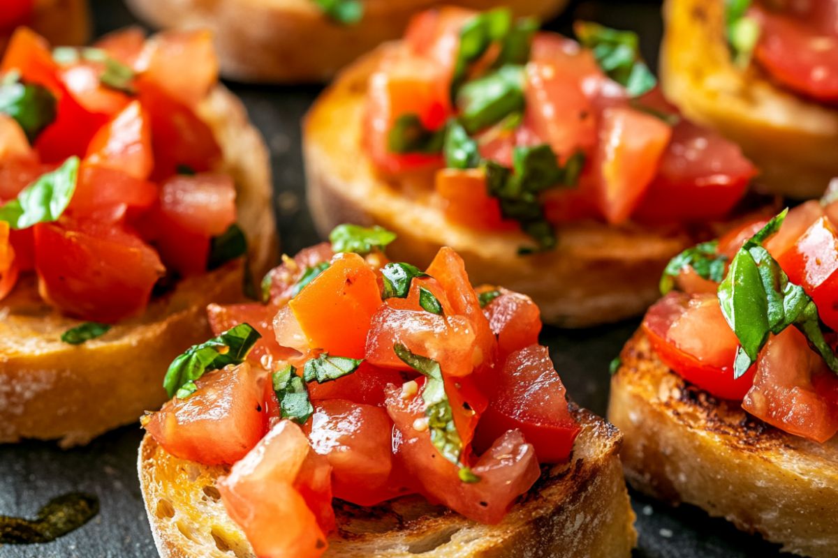 Freshly prepared bruschetta with tomatoes, basil, and olive oil on toasted bread.