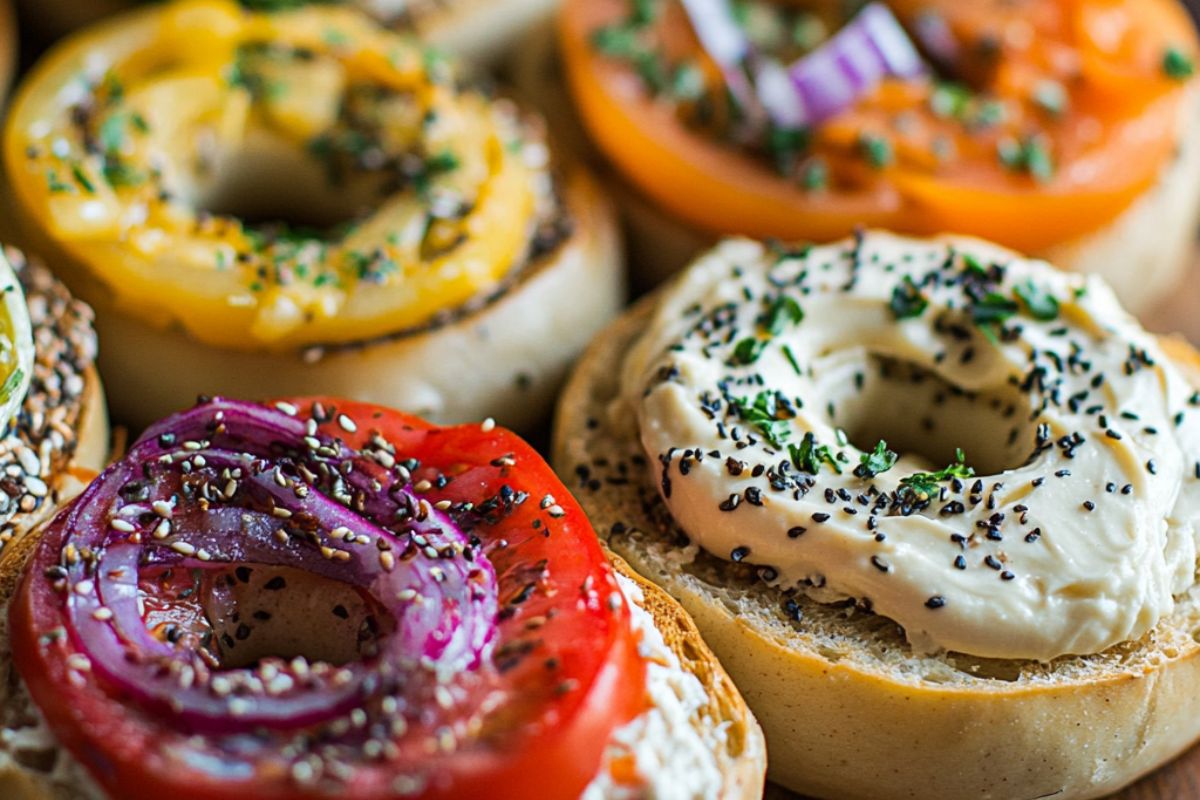 Asiago bagel with gourmet toppings including prosciutto, arugula, and sundried tomatoes