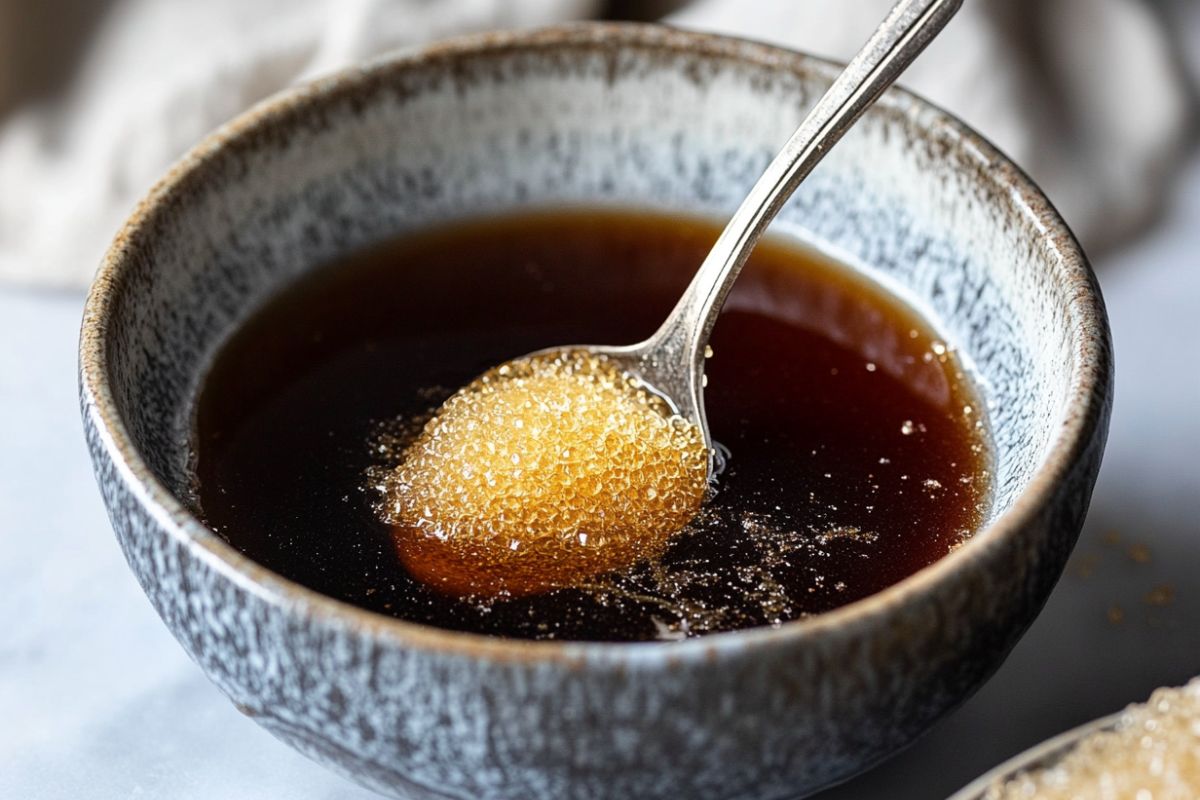 Thick brown sugar syrup dripping from a spoon into a glass jar.