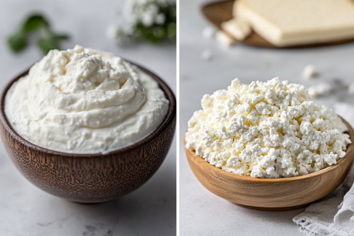 A bowl of smooth whipped cottage cheese next to chunky regular cottage cheese.