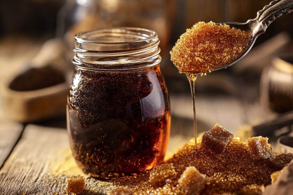 Brown sugar syrup poured into a glass jar with natural ingredients around it