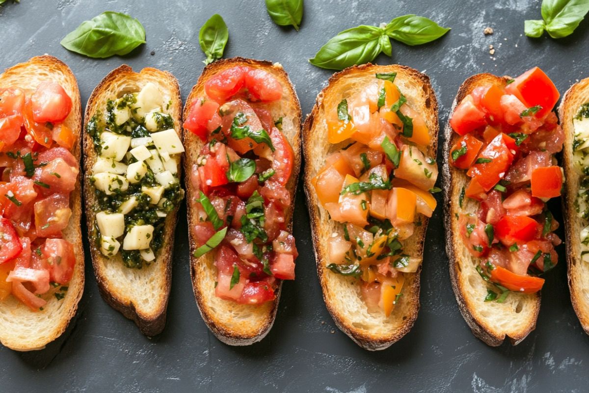 Bruschetta and bruschette with various toppings on toasted bread