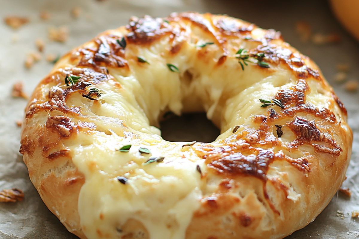 Freshly baked Asiago bagel with melted cheese topping.