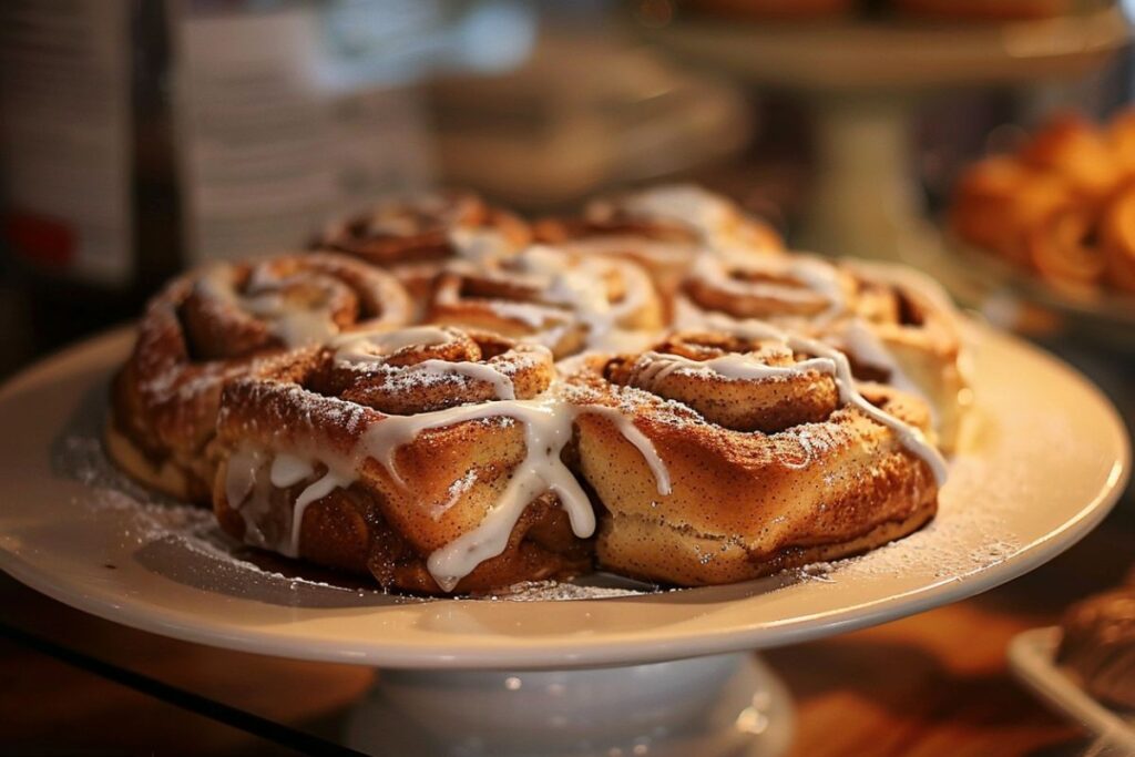 Freshly baked sourdough discard cinnamon rolls with cream cheese frosting