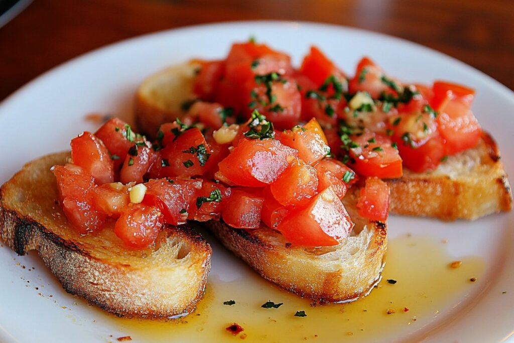 Freshly prepared Italian bruschetta with tomatoes, garlic, and olive oil on toasted rustic bread.