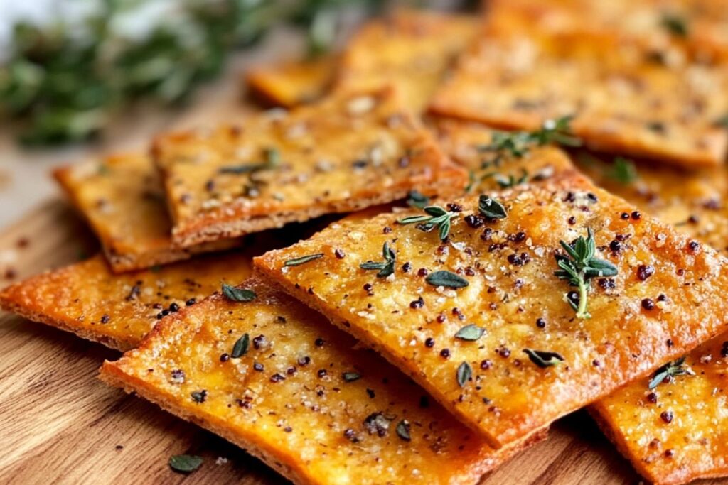 Crispy sourdough discard crackers with herbs on a wooden board