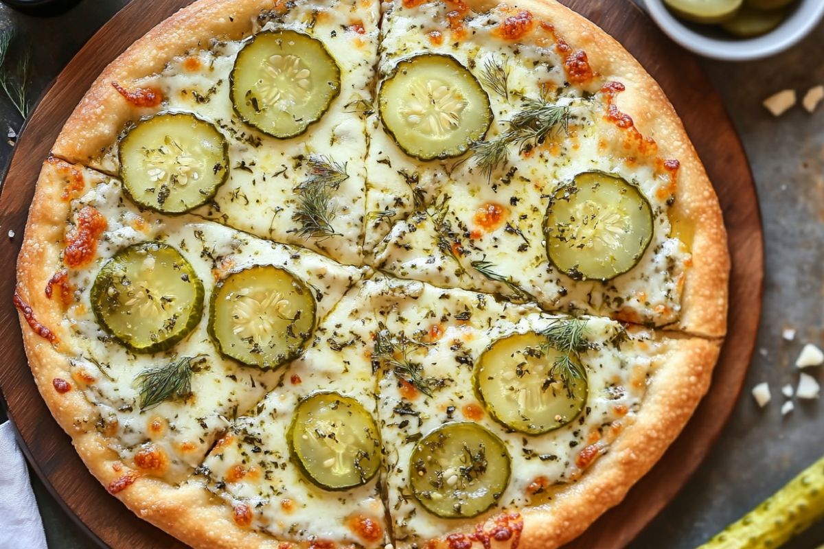 A freshly baked pickle pie pizza with golden cheese and sliced dill pickles.