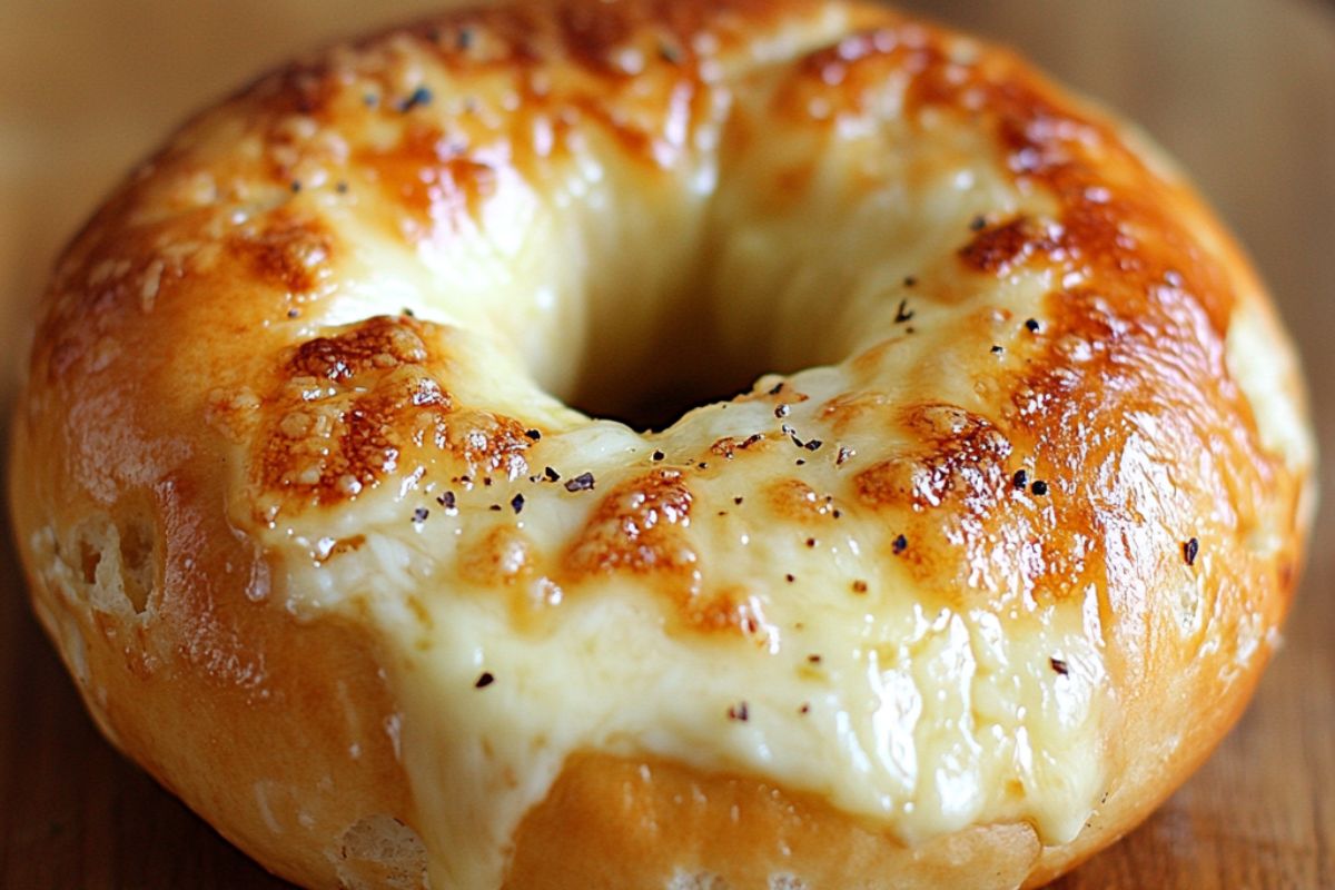 A freshly baked Asiago bagel topped with cheese