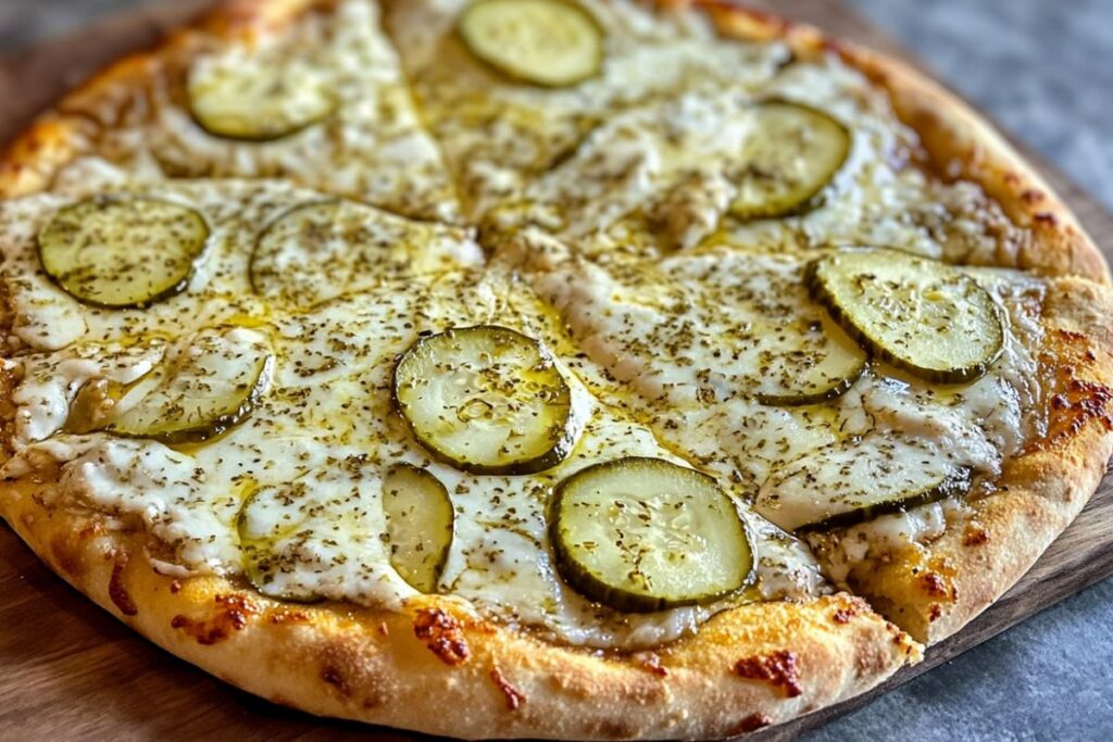 Homemade pickle pizza topped with dill pickles, mozzarella, and garlic cream sauce.