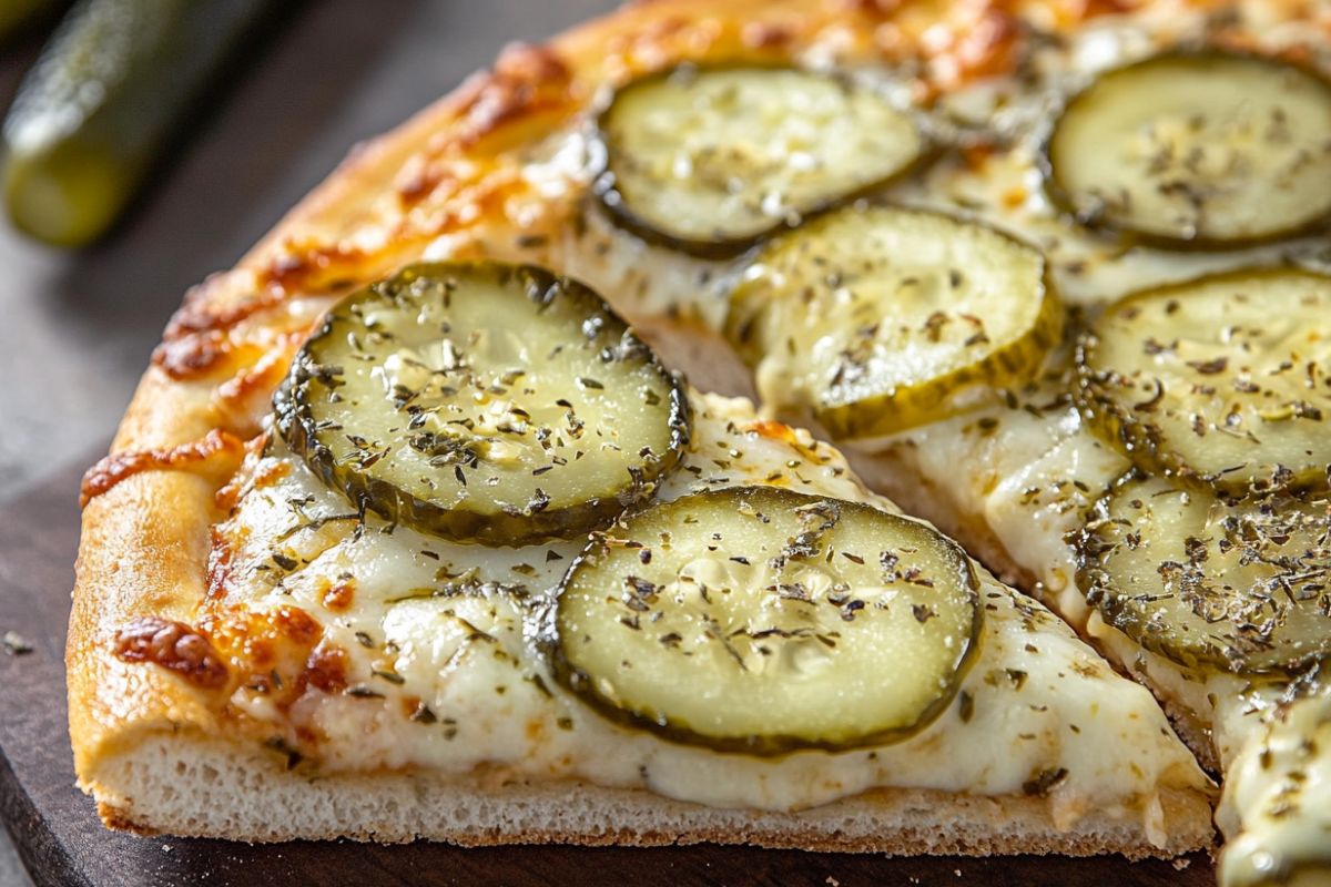 A slice of Hungry Howie’s pickle pizza with melted cheese and dill pickles on a golden Flavored Crust