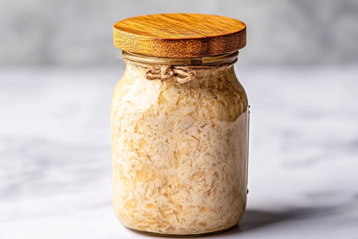 Sourdough discard in a jar with a wooden spoon, ready to be fed before baking.